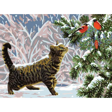 Printed Canvas 40x30 Cat with bullfinches CDA10513W