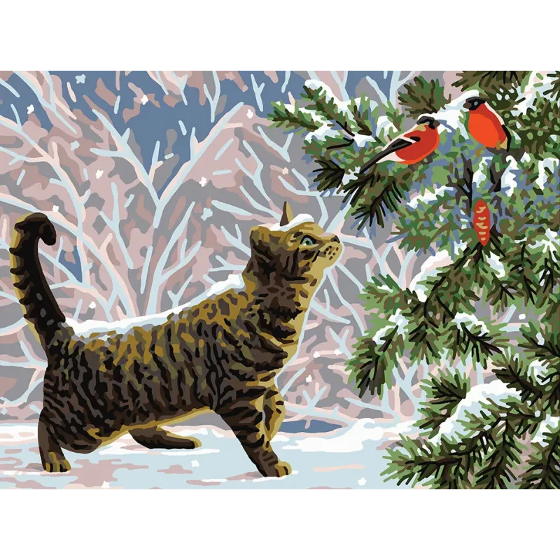 Printed Canvas 40x30 Cat with bullfinches CDA10513W