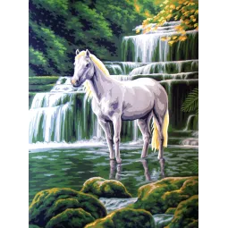 Печатный холст 30x40 Белая лошадь у водопада CDA10428