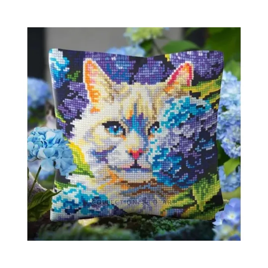 Kit de coussin "Chat dans les hortensias" 40 x 40 cm CDA5501
