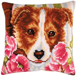 Kit coussin Chien et coquelicots roses 40 X 40 cm CDA5213