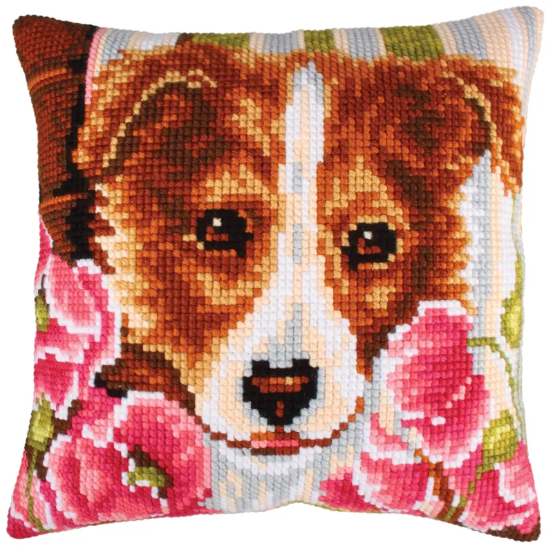 Kissen-Set Hund und rosa Mohnblumen 40 X 40 cm CDA5213