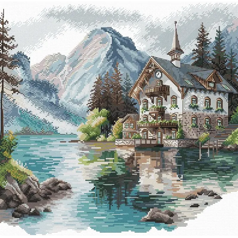 Kryželiu siuvinėjimo rinkinys "Alpių kotedžas prie ežero" 32.07 x 30.64 cm AVA-P048