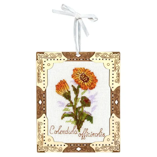 Cross-stich on wooden base "Miniature. Calendula" 13x11 cm SO-140