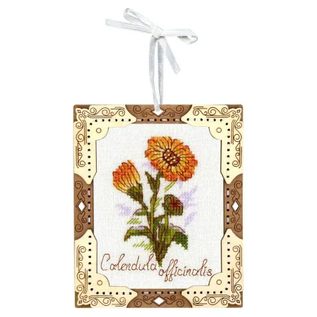 Cross-stich on wooden base "Miniature. Calendula" 13x11 cm SO-140