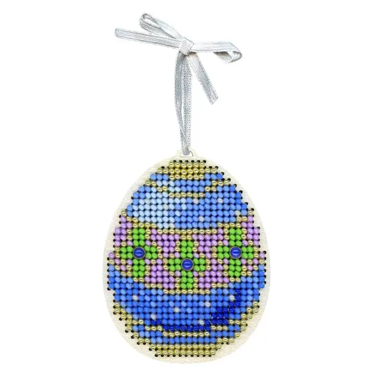Cross-stich on wooden base"Blue and gold egg" 8*6 cm SO-185