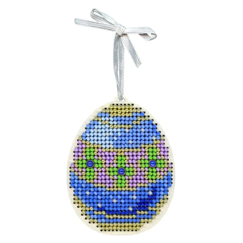 Cross-stich on wooden base"Blue and gold egg" 8*6 cm SO-185