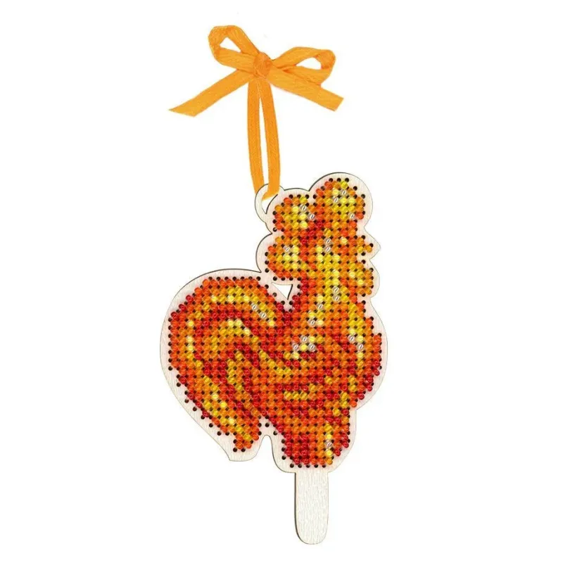 Cross-stich on wooden base"Rooster-shaped lollipop" 10*9 cm SO-161