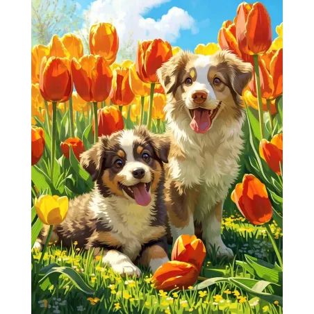 Diamond Painting kit with subframe "Puppies in tulips" 30x40 cm VA930