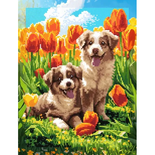 Diamond Painting kit with subframe "Puppies in tulips" 30x40 cm VA930