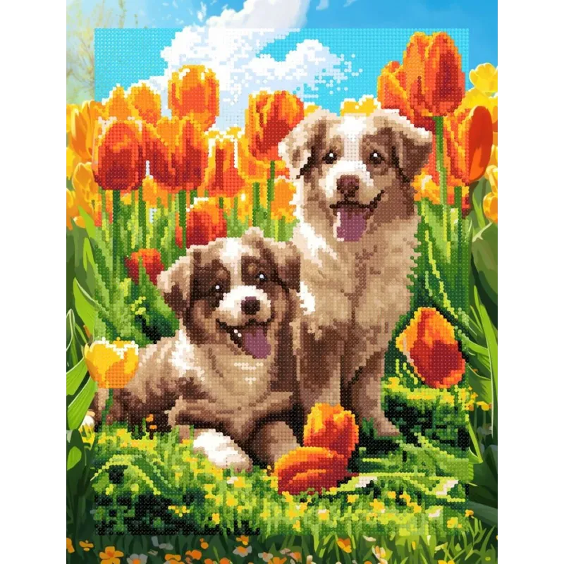 Diamond Painting kit with subframe "Puppies in tulips" 30x40 cm VA930