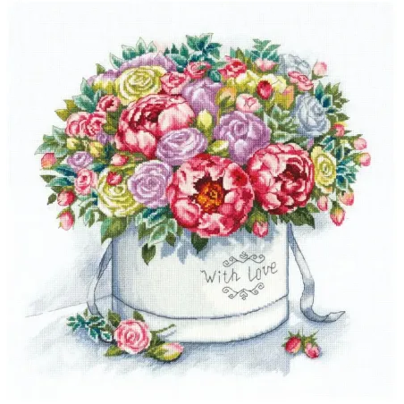 Cross stitch kit PANNA "Peonies in a hat box" 33 x 32 cm PC-7058