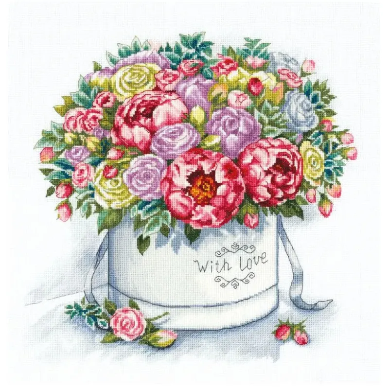 Cross stitch kit PANNA "Peonies in a hat box" 33 x 32 cm PC-7058