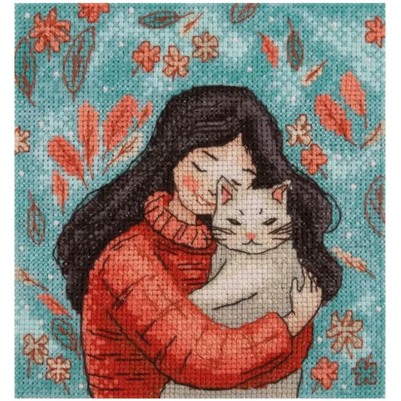 Cross stitch kit KLART "A girl with a cat" 12 x 13 cm KL8-559