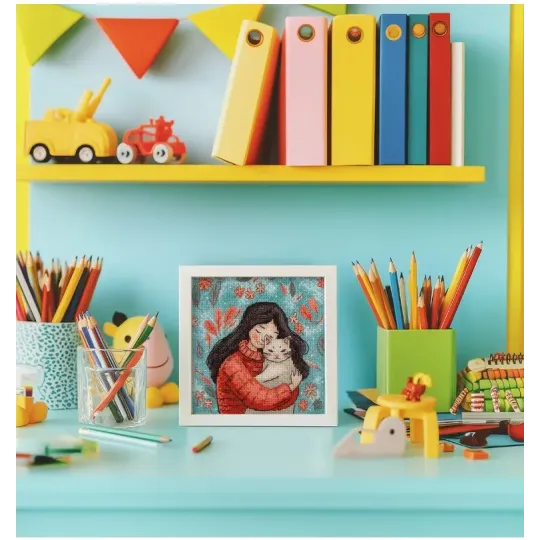 Cross stitch kit KLART "A girl with a cat" 12 x 13 cm KL8-559