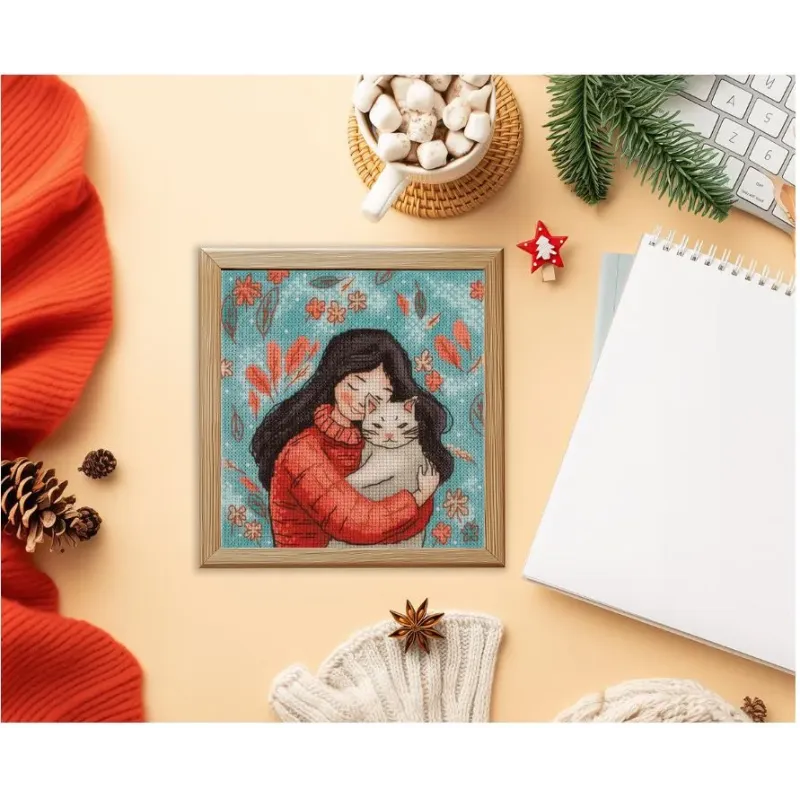 Cross stitch kit KLART "A girl with a cat" 12 x 13 cm KL8-559