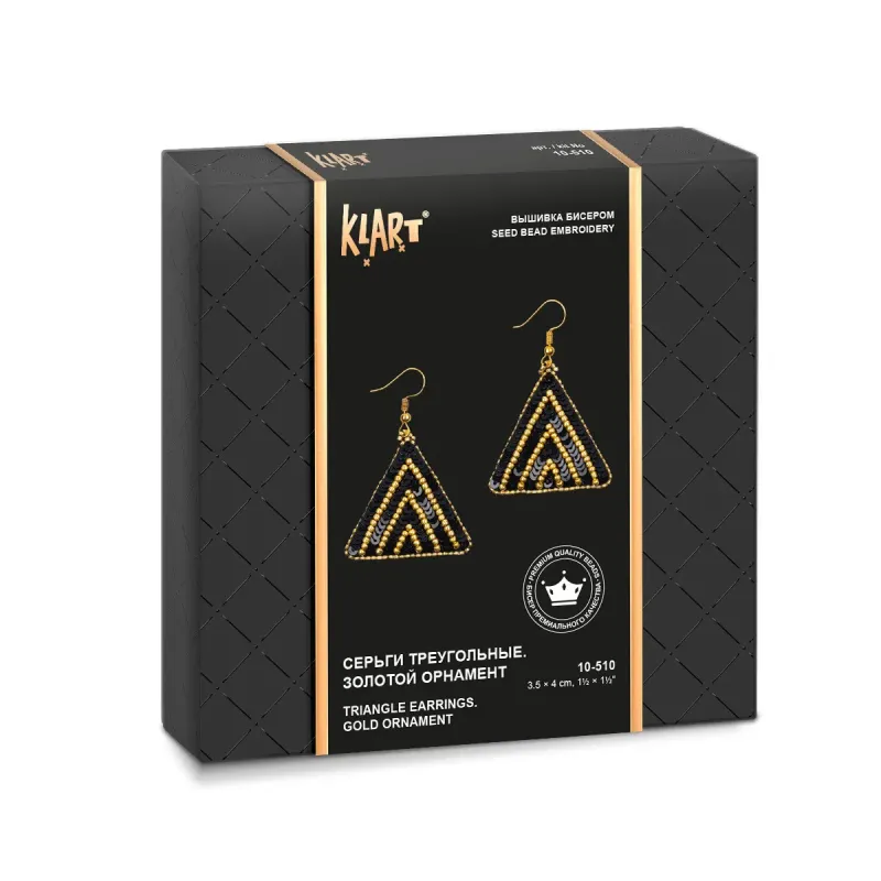Mini Bead embroidery kit KLART "Triangular earrings with gold ornamentation" 3.5 x 4 cm KL10-510