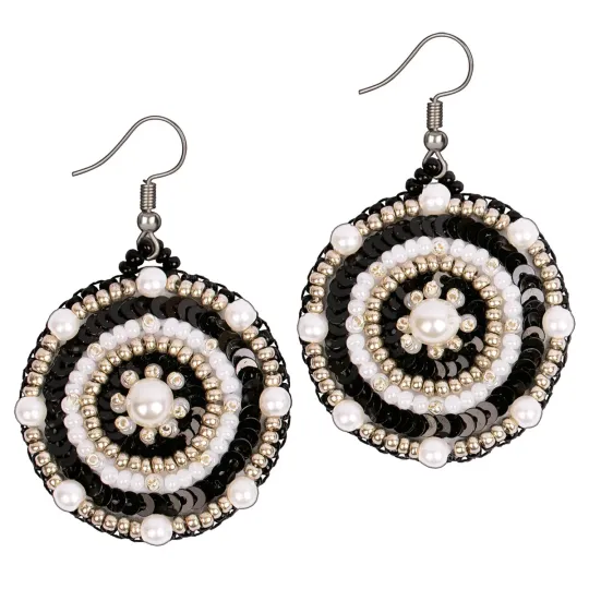Mini Bead embroidery kit "Round earrings with a black and white patter KL10-503