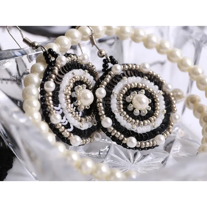 Mini Bead embroidery kit "Round earrings with a black and white patter KL10-503