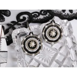 Mini Bead embroidery kit "Round earrings with a black and white patter KL10-503