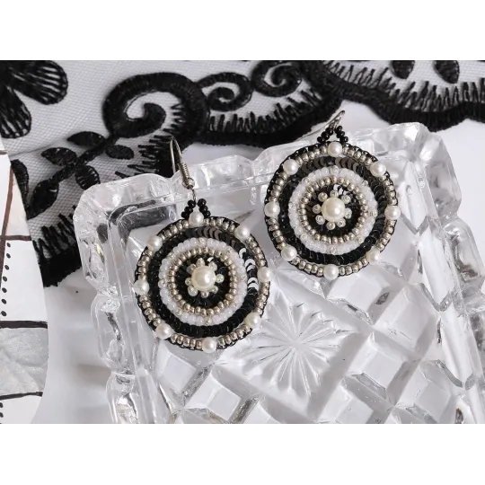 Mini Bead embroidery kit KLART "Round earrings with a black and white pattern" 3.5 x 4 cm KL10-503