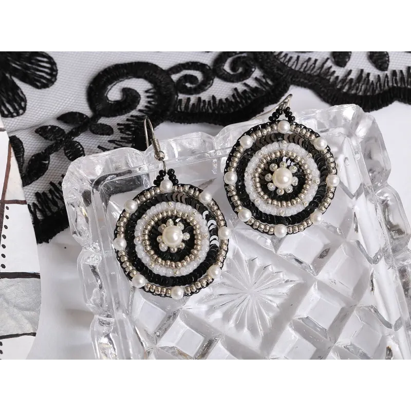 Mini Bead embroidery kit "Round earrings with a black and white patter KL10-503