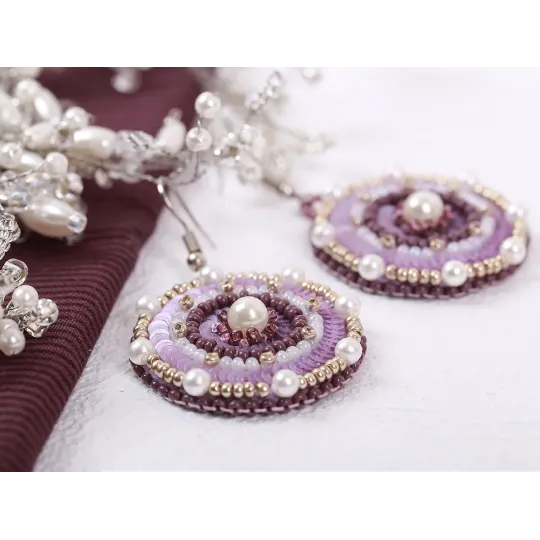Mini Bead embroidery kit KLART "Round earrings with a purple design." 3.5 x 4 cm KL10-502