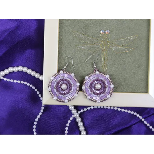 Mini Bead embroidery kit KLART "Round earrings with a purple design." 3.5 x 4 cm KL10-502