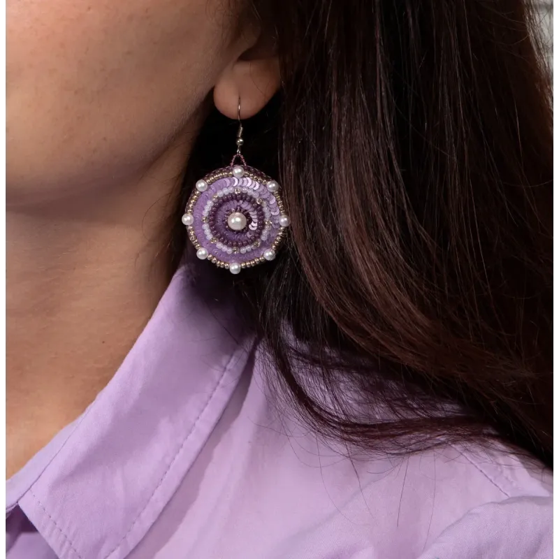 Mini Bead embroidery kit  "Round earrings with a purple design." KL10-502