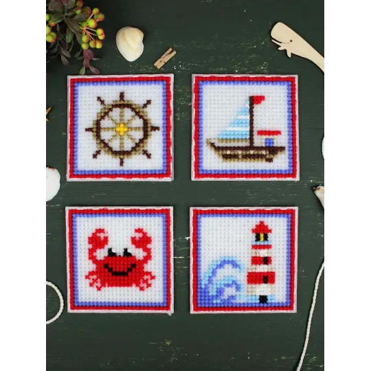 Cross stitch kit "The sea is calling. Set of 4." 10.6x10.6 cm SN-004