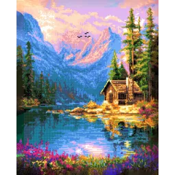 (Abgesetzt) Diamantmalerei mit Keilrahmen "Haus am See" 40x50 cm DP434