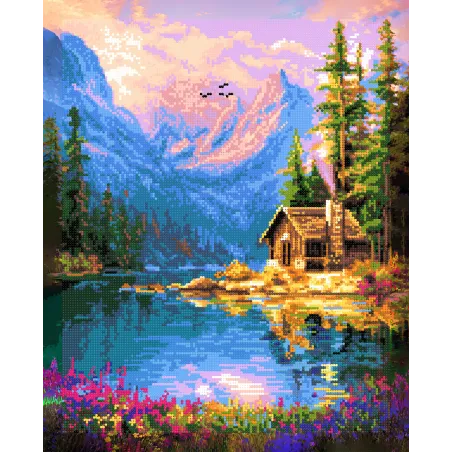 (Nutrauktas) Diamond painting su subframe "Namas prie ežero" 40x50 cm DP434