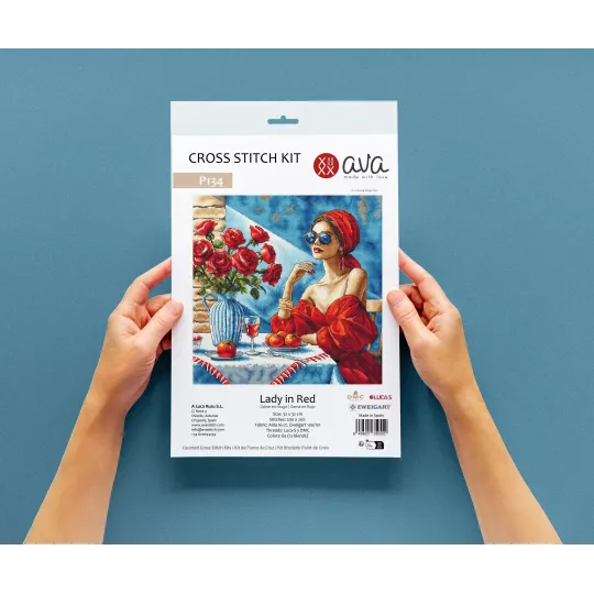 Dama raudoname - Kryželiu siuvinėjimo rinkinys AVA-P134