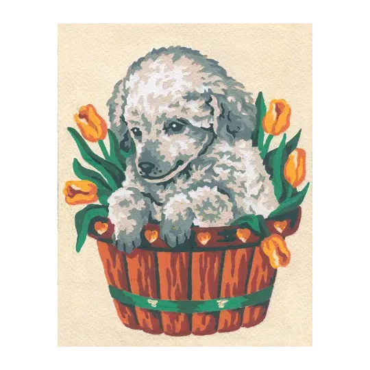 Tapestry Kit with printed canvas 14x18 Puppy in Tulips CDA3136K