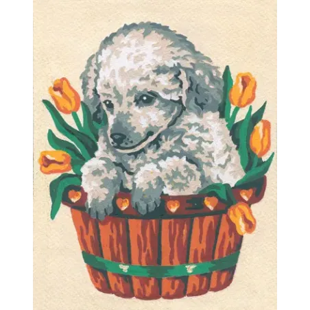 Tapestry Kit with printed canvas 14x18 Puppy in Tulips CDA3136K