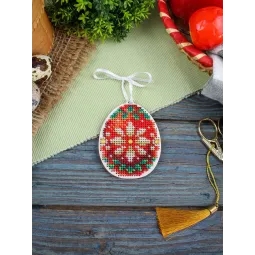 Point de croix sur base en bois "Oeuf rouge et or " 8*6 cm SO-184