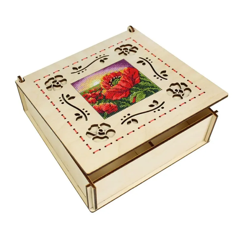 Cross-stich on wooden base "Box. Poppies" 7*20*20 cm SO-164