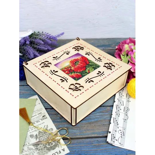 Cross-stich on wooden base "Box. Poppies" 7*20*20 cm SO-164