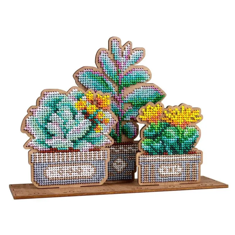 Point de croix sur base en bois "Jardin de succulentes" 14*20*7 cm SO-160