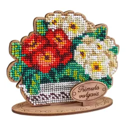 Cross-stich on wooden base"Primroses in a pot" 10*12*5 cm SO-159