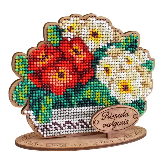 Cross-stich on wooden base"Primroses in a pot" 10*12*5 cm SO-159