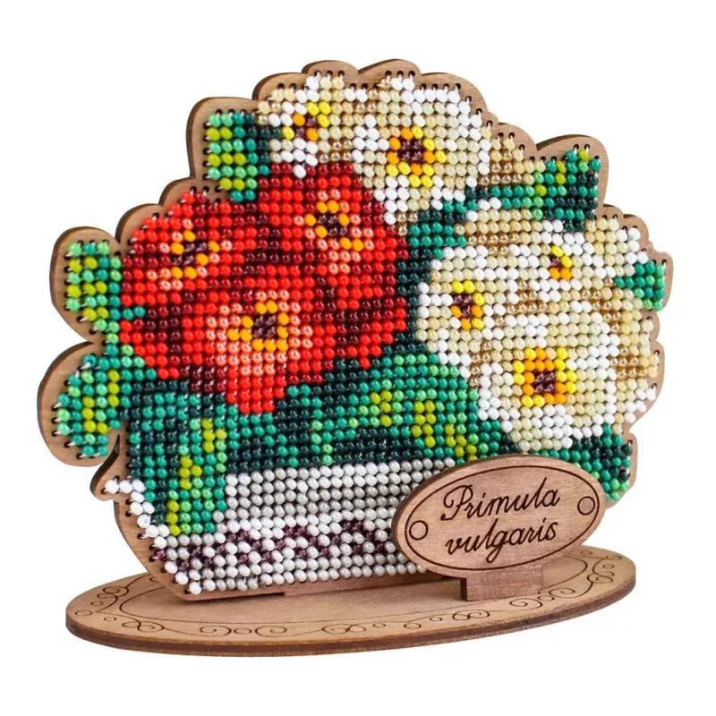 Cross-stich on wooden base"Primroses in a pot" 10*12*5 cm SO-159