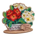 Cross-stich on wooden base"Primroses in a pot" 10*12*5 cm SO-159