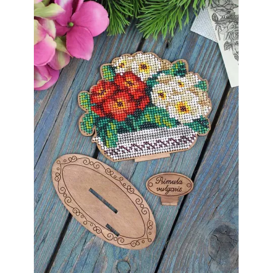 Kreuzstich auf Holzbasis "Primeln im Topf" 10*12*5 cm SO-159