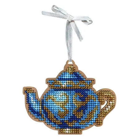 Cross-stich on wooden base"An elegant tea set. Teapot" 8*10 cm SO-154