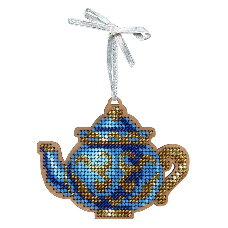 Cross-stich on wooden base"An elegant tea set. Teapot" 8*10 cm SO-154