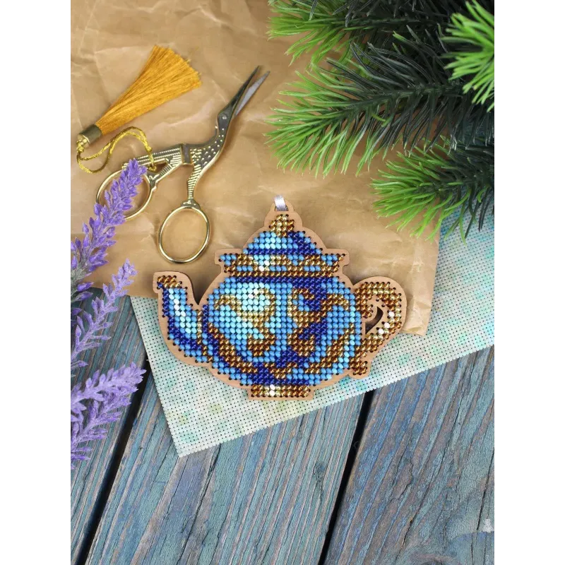 Cross-stich on wooden base"An elegant tea set. Teapot" 8*10 cm SO-154