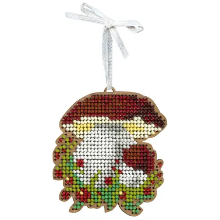 Cross-stich on wooden base "Christmas tree decoration. Porcini mushroom" 8*7 cm SO-149