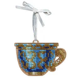 Cross-stich on wooden base"An elegant tea set. A cup" 5*8 cm SO-144