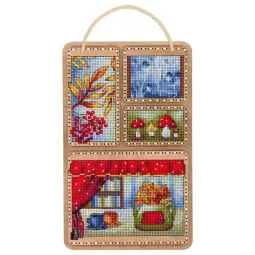 Cross-stich on wooden base "Autumn collage" 26*17 cm SO-126